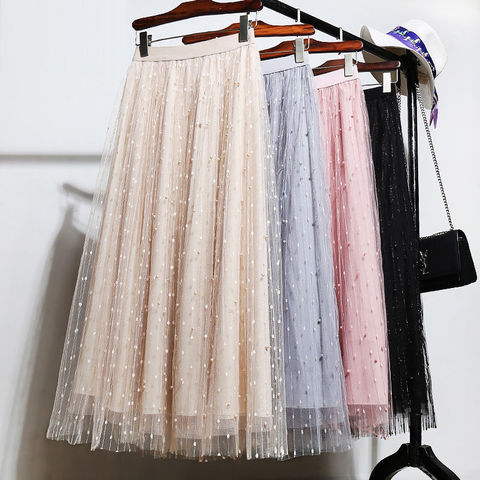 Tulle Skirts Womens 2022 Summer Long Maxi Skirt Female Elastic High Waist Pleated Tutu Skirt Sun Black Gray Pink ► Photo 1/6