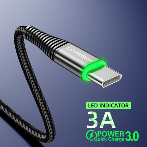 Lovebay LED 3A USB Type C Cable Quick Charge 3.0 for Samsung S10 Mobile Phone Charging Wire USB C Cable for Xiaomi Fast Charging ► Photo 1/6