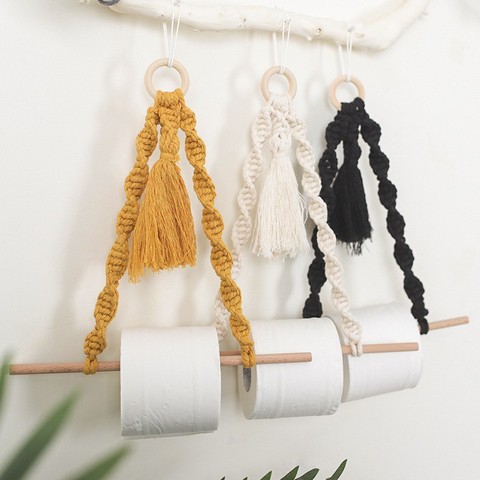 Nordic Wooden Towel Rack Macrame Rope Toilet Paper Holder Hanging Tapestry Home Hotel Bathroom Decoration Supplies Towel Shelf ► Photo 1/6