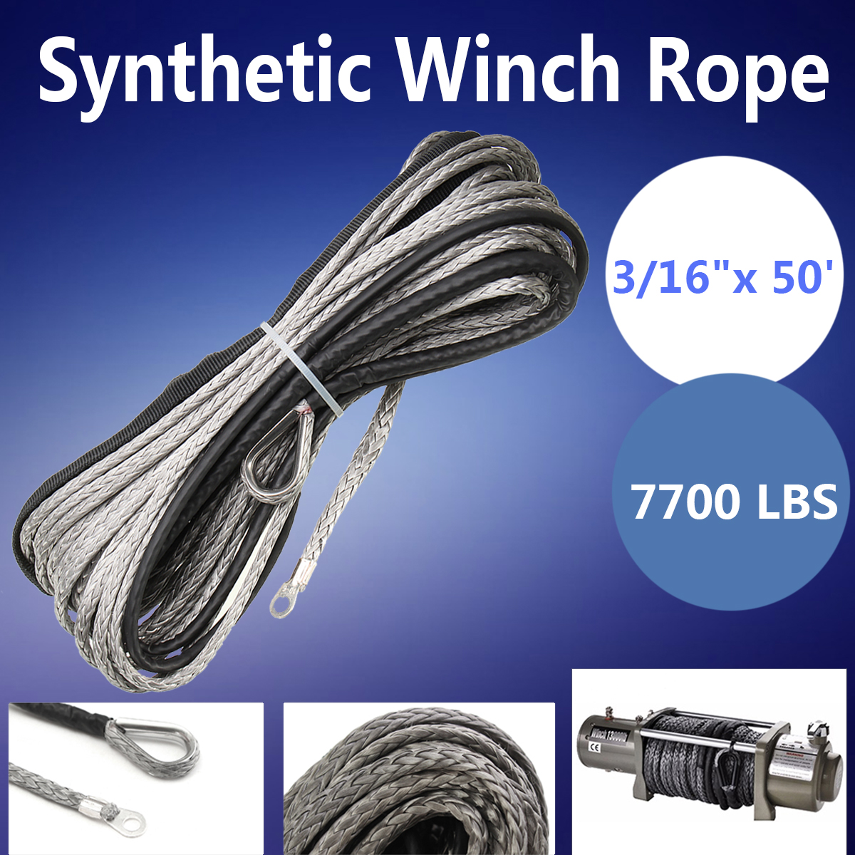 3/16'' x 50' 7700LBs Synthetic Winch Line Cable Rope W/ Sheath ATV UTV Blue ! 