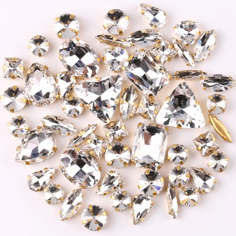 Gold claw setting 50pcs/bag shapes mix clear glass crystal sew on rhinestone wedding dress shoes bags diy trim ► Photo 1/3