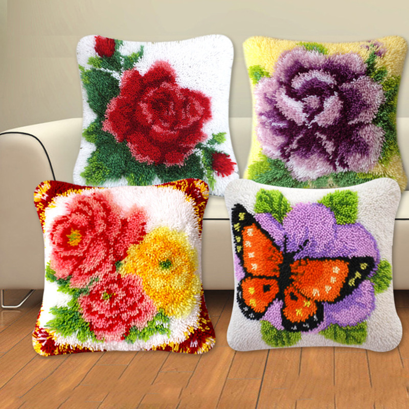 Purple Flower Latch Hook Kit with Basic Tools Pillow Case Cushion Cover DIY