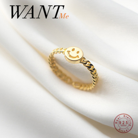 WANTME Fashion Genuine 925 Sterling Silver Cuban Link Chain Smile Adjustable Finger Ring for Women Punk Hip Hop Jewelry Gift ► Photo 1/6