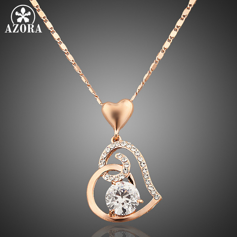 AZORA Rose Gold Color Clear Stellux Austrian Crystals Double Heart Pendant Necklace for Valentine's Day Gift of Love TN0009 ► Photo 1/6