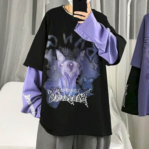 Autumn high street diablo long-sleeved men's fake two-piece t-shirt male students Korean loose clothes trendy men's clothing ► Photo 1/6