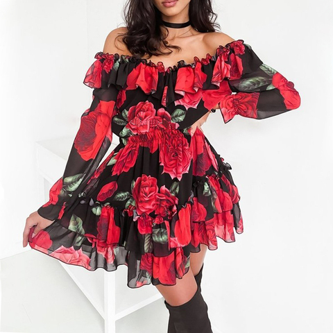 Women Off Shoulder Ruffles Flower Print Dress 2022 Spring Long Sleeve Elegant Party Dress Female Chiffon Beach Holiday Vestidos ► Photo 1/6