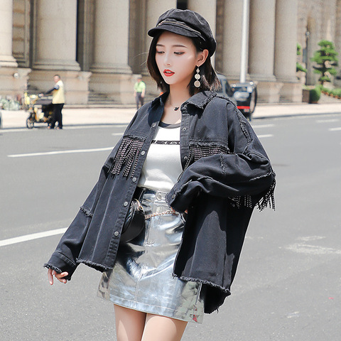 Women Denim Jacket Coat Tassels black Ladies Jeans Jackets Loose Abrigo Mujer tops for Women 2022 Spring Denim Coats Females ► Photo 1/6