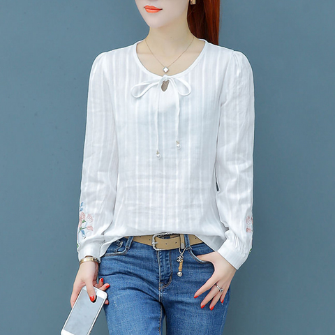 100% Cotton White Shirt Women Long sleeve Embroidery Elegant Ladies Office Blouse Plus size Tops ► Photo 1/6