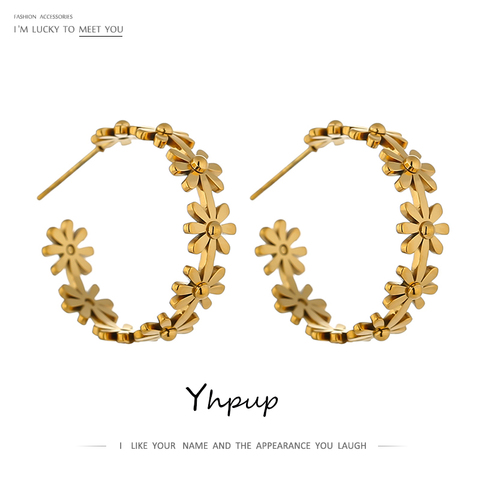 Yhpup Stainless Steel Round Flower Stud Earrings Hoop Fashion Gold Metal Trendy Brand Earrings Jewelry Party Gift 2022 ► Photo 1/6