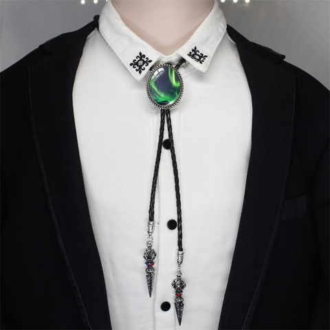 BOLO-00168 New Arrival Polar Light Galaxy Nebula Oval Glass Cabochon Western Bolo Tie Neck Ties Leather Chain Necklace ► Photo 1/6