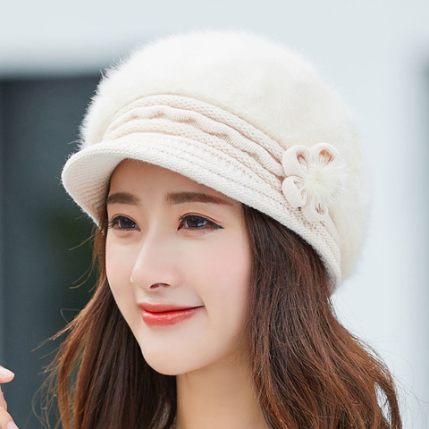 warm Girl Winter Autumn beret hat for women Wool knitted hat for mom Rabbit fur beret solid fashion lady cap fall hat Female cap ► Photo 1/6