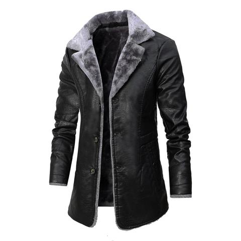 2022 Winter Men's Leather Jacket Solid Color Lining Velvet Business Lapel Medium Length Keep  Warm Black Leather Windbreaker ► Photo 1/6