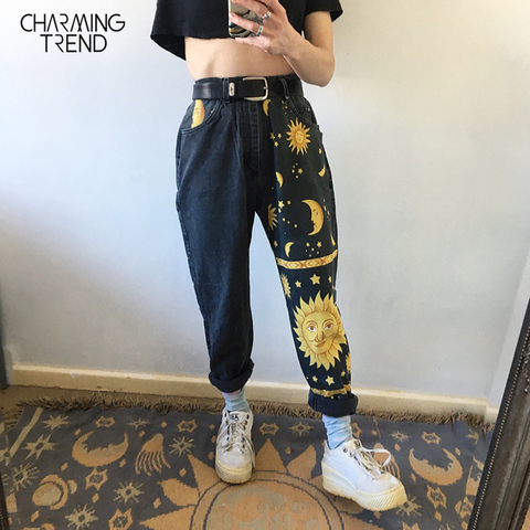 Fashion Sun Star Printed Pants Jeans Women Autumn Black High Waist Young Girls Chic Denim Trousers Woman Cool Boyfriends Jeans ► Photo 1/6