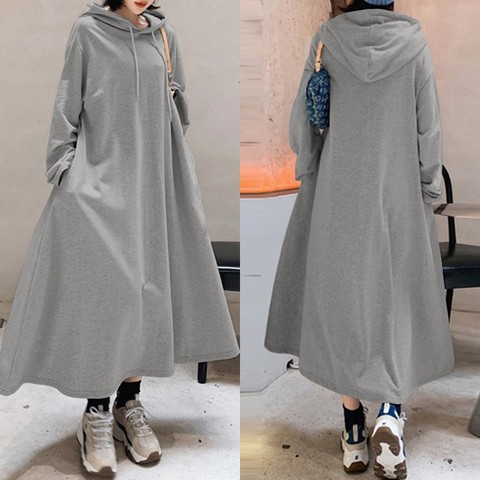 Stylish Hooded Hoodies Dress Women Autumn Sweatshirts 2022 ZANZEA Casual Long Sleeve Maxi Vestidos Female Solid Robe Oversized ► Photo 1/6