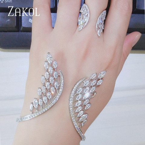 ZAKOL Romantic Cubic Zirconia Wings Opening Adjustable Bracelet Ring Set Bridal Jewelry for Women Wedding Anniversary FSSP3047 ► Photo 1/6