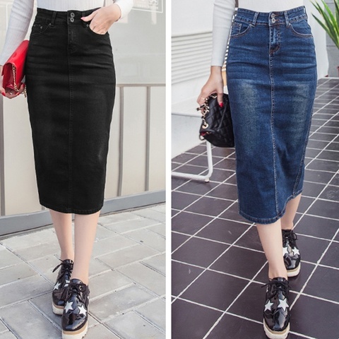 women Denim Skirt Vintage Button High Waist Black Blue Slim Women Pencil Skirts Ladies Office Sexy Jeans long skirts ► Photo 1/6