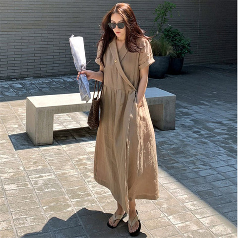 Johnature Summer New Korean Linen Solid Color Women Dress 2022 Causal V-neck Short Sleeve Tie Pockets Loose Female Dresses ► Photo 1/6