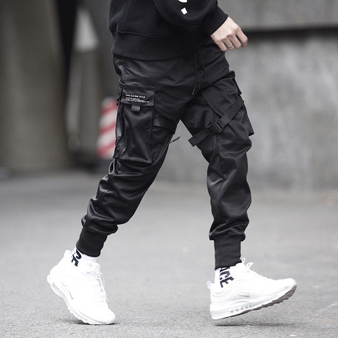 Prowow Men Ribbons Streetwear Cargo Pants 2022 Autumn Hip Hop Joggers Pants Overalls Black Fashions Baggy Pockets Trousers ► Photo 1/6