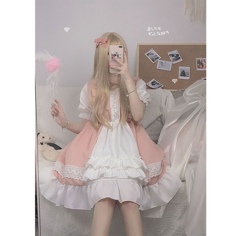 QWEEK Women's Goth Maid Dress Kawaii Pink Gothic Lolita Summer 2022 Japanese Style Sweet  Ruffle Lace-up Puff Short Sleeve Dress ► Photo 1/6