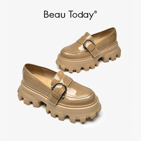 BeauToday Platform Shoes Women Patent Leather Flats Alligator Pattern Round Toe Buckle Decoration Ladies Slip On Handmade 27738 ► Photo 1/6