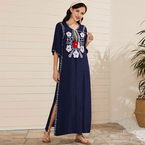 Boho Dark Blue Flower Embroidery Fringed Side Split Summer Long Dress Plus Size Women Clothing Plus Size Vintage Maxi Dress N603 ► Photo 1/6