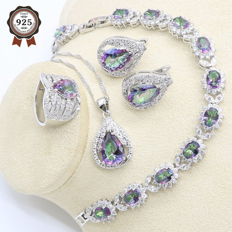Rainbow Zircon Silver Color Jewelry Set for Women Wedding Birthday with Bracelet Earrings Necklace Pendant Ring Gift Box ► Photo 1/6