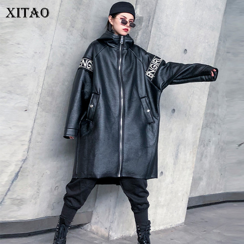 XITAO Letter Plus Size Faux Leather Women Fashion New 2022 Autumn Pocket Elegant Goddess Fan Hooded Collar Loose Coat ZLL4442 ► Photo 1/6