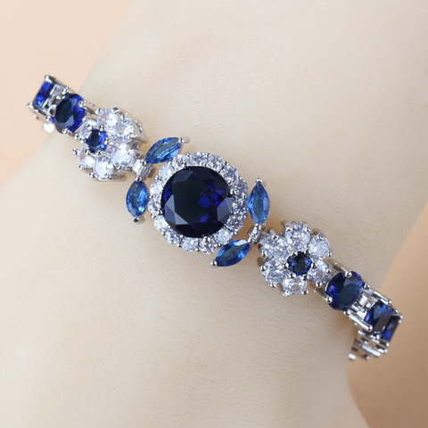 925 Sterling Silver Charm Bracelet Bangle Blue Cubic Zirconia 6-Colors Wedding Jewelry Adjustable Length 18+3CM ► Photo 1/6