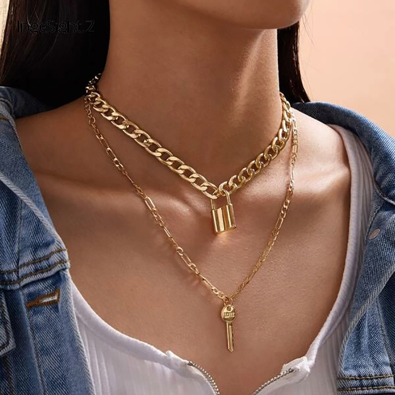 Multi-layer Lock and Key Pendant Choker Necklace