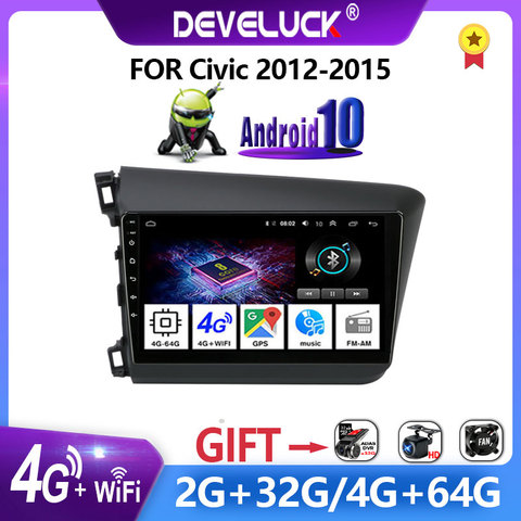 Android 10.0 2 Din Car Radio Multimedia Video Player For Honda Civic 2012-2015 4G+64G RDS DSP+48EQ GPS Navigation 4G Net  WIFI ► Photo 1/6
