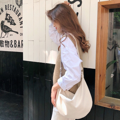 Women Canvas Messenger Bag Large Capacity Shoulder Bag Simple Zipper Semicircle Shape Cloth Purses Ladies Cotton Crossbody Bags ► Photo 1/6