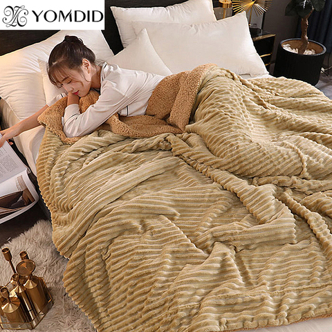 Super Warm Flannel Lamb Quilt Winter Blanket Double-sided Velvet Thickened Warm Autumn Spring Striped Bed Sheet Solid Color ► Photo 1/6