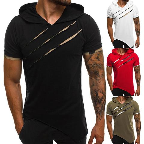 Men Causal-Short Sleeve Ripped Irregular Hem Slim Blouse T-shirt Fitness Hoodie Ripped with Hood Irregular Hem Fashion Patchwork ► Photo 1/6