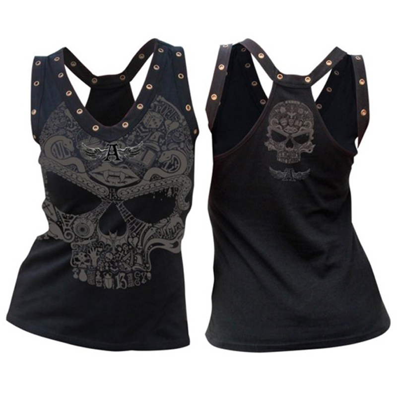 New Womens Plus Size Baggy T Shirt Ladies Sleeveless Back Cut Out Skull Vest Top