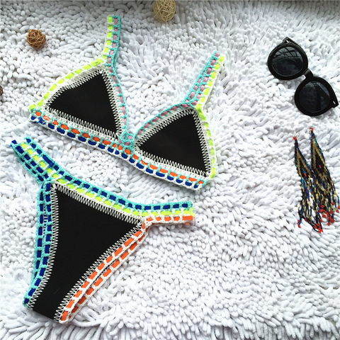 Micro Bikini 2022 Women Handmade Crochet Knit Swimwear Halter Patchwork Bathing Suit Swimsuit Biquini Thong Bikini traje de bano ► Photo 1/6