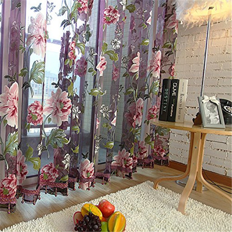 Topfinel Purple Fl Tulle, Kitchen Curtains With Purple Flowers