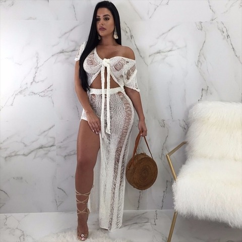 Casual boho beach style women dress side split summer knitting sexy bodycon dress ladies long maxi dress Z019 ► Photo 1/6