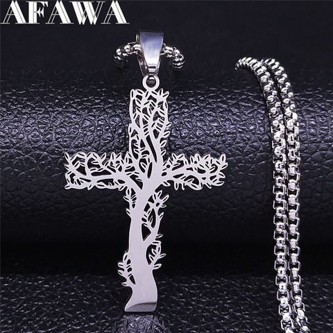 Tree of Life Cross Stainless Steel Chain Necklace Silver Color Statement Necklace Jewelry joyeria acero inoxidable mujer N301802 ► Photo 1/6