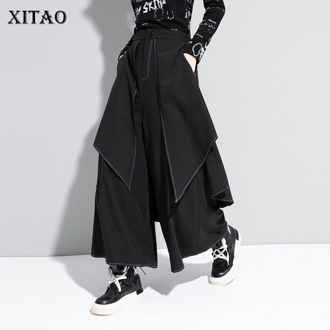 XITAO Black Fake Two Piece Pants Women Loose Fashion Simple Irregular All Match Streetwear 2022 New Autumn Wide Leg Pants ZP3534 ► Photo 1/6