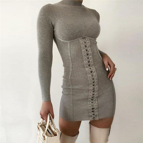 2022 Autumn Women Dresses Winter Sexy Long Sleeve Solid Casual Mini Bodycon Knitted Dress For Women Female ► Photo 1/6