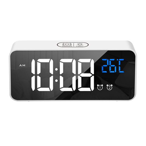 Bedside Wake Up Digital Mirror Led Music Alarm Clock with Snooze Temperature Thermometer Acoustic Voice Control Backlight ► Photo 1/6