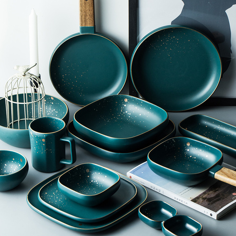 ATUCOHO High Fashion Retro Green Nordic Ceramic Tableware Set Dinnerware Set Bowl Plate Soup Bowl Set Modern Style High-end ► Photo 1/6