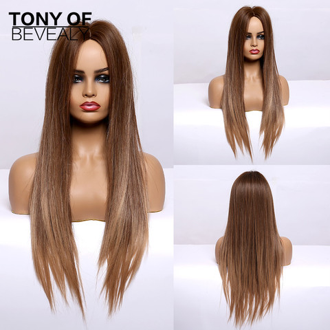 Long Straight Brown Ombre Natural Hair Wigs Middle Part Heat Resistant Synthetic Wigs for Afro Women Daily Cosplay Fashion Wigs ► Photo 1/6