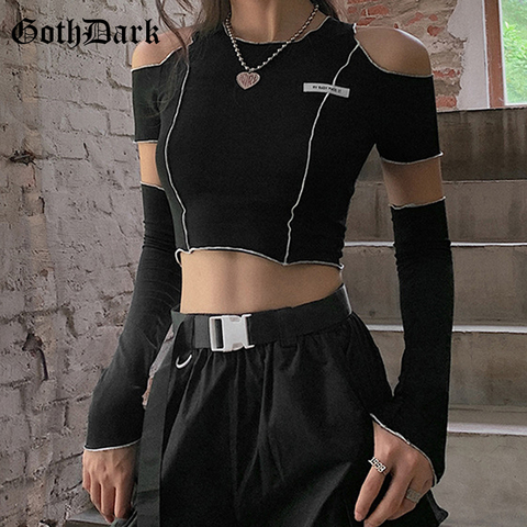 Goth Dark E-girl Style Patchwork Black T-shirts Gothic One Shoulder Sleeve Y2k Crop Tops Ruffles Hem Hip Hop Techwear Women Tees ► Photo 1/6