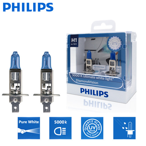 2X Philips H1 12V 55W P14.5s Diamond Vision 5000K Super White Light Car Halogen Bulbs Auto Headlight Lamps 12258DVS2 ► Photo 1/6