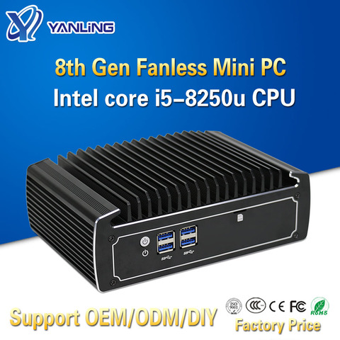 Yanling Fanless Desktop Computer Intel Core i5 8250u 4k Mini PC Dual Nic Barebone Nvidia i9 Thin Client support 3G 4G Module ► Photo 1/6