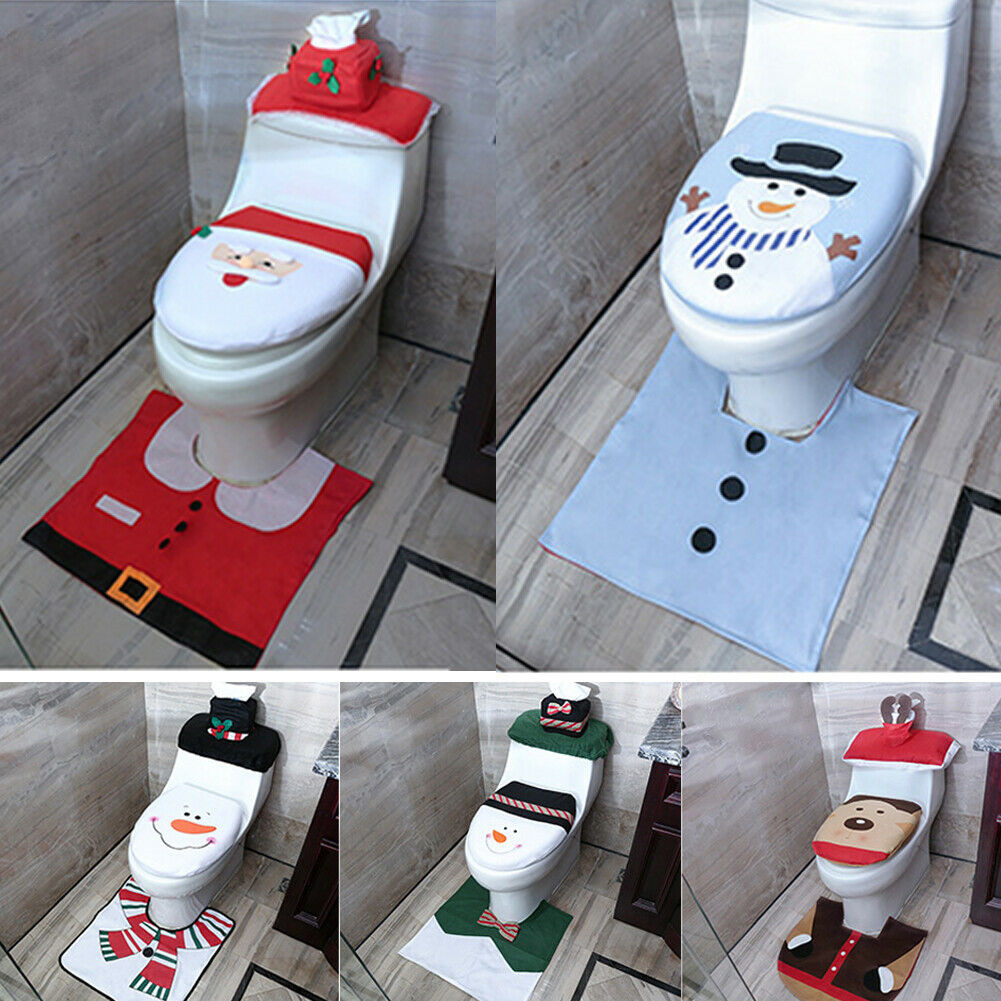 Christmas Toilet Seat Cover Mat Decor Rug Bathroom Set Reindeer & Santa 