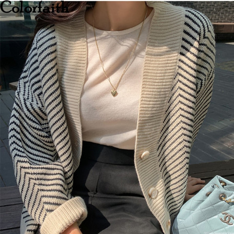 Colorfaith 2022 Women's Knitwear Autumn Winter Striped V-Neck Cardigans Buttons Oversize Korean Style Lady Sweaters Tops SWC3033 ► Photo 1/6
