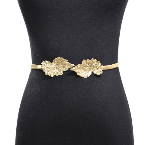 Leaves Buckle Gold Belts for Women Metal Thin Belt for Dress Elastic Female Waist Blet Waistband ► Photo 1/6