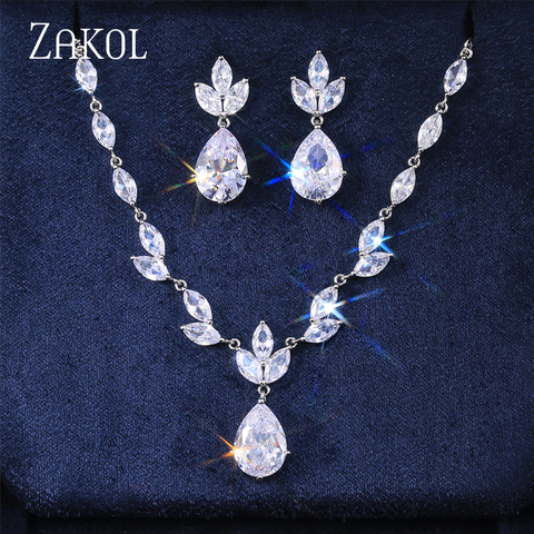 ZAKOL Classic Big Pear CZ Stone Necklace/Earring Wedding Set for Women Delicate High Quality Zircon Lady Party Wear Jewelry Hot ► Photo 1/6